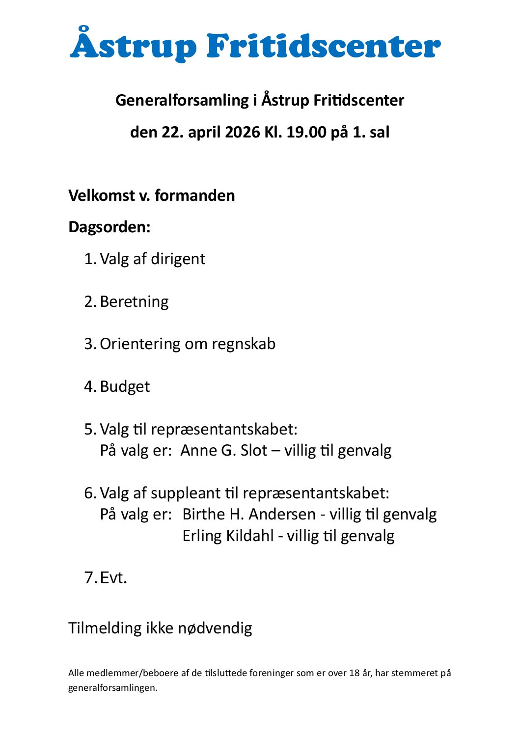 Åstrup Fritidscenter – Generalforsamling